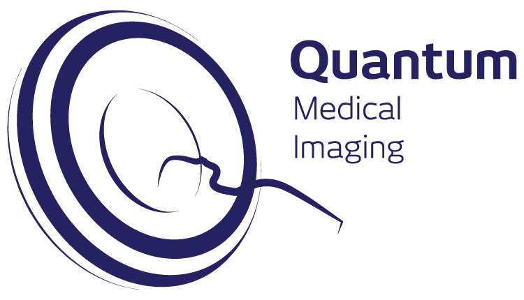 Logo for Quantum Medical Imaging. A stylized blue and white design with a curved line and the words 