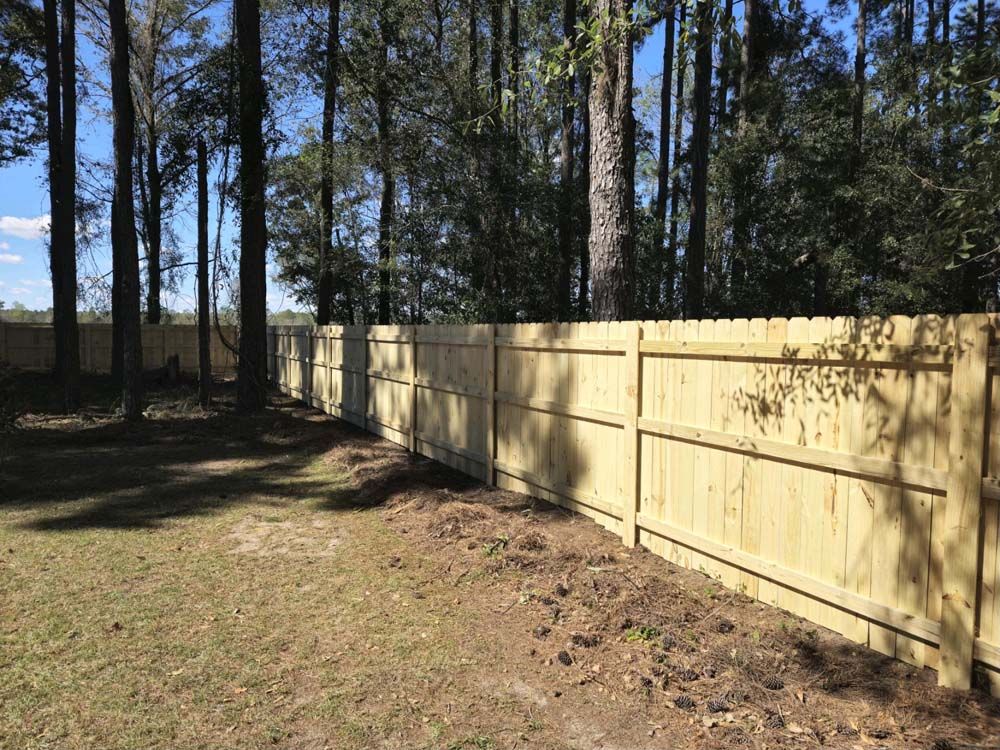 A wooden fence surrounds a grassy yard, with tall trees in the background under a blue sky.