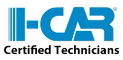 A blue and white logo for certified technicians