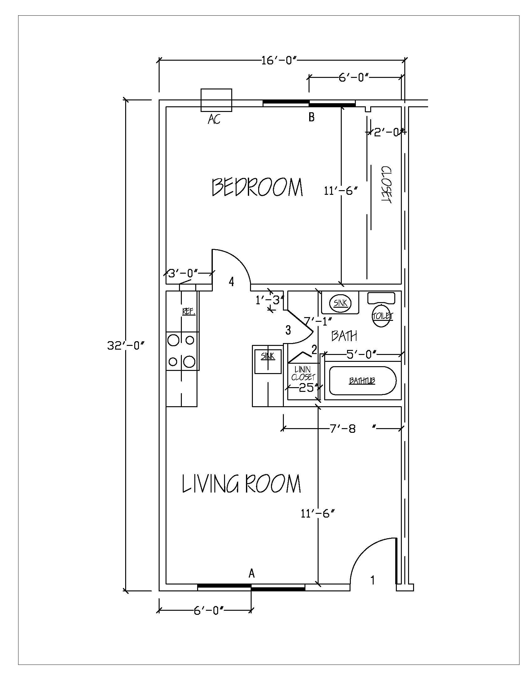 A black and white floor plan of a small apartment.