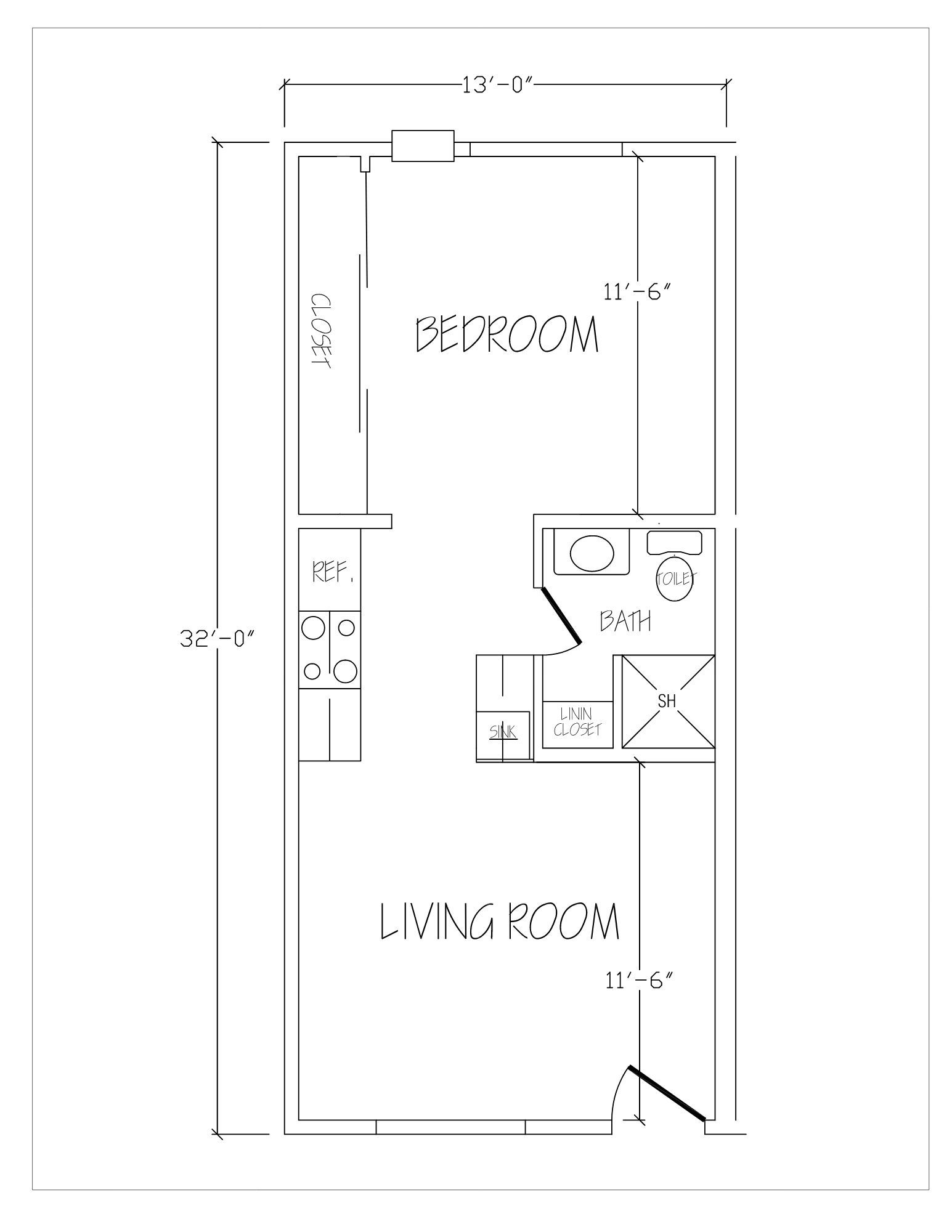 A black and white floor plan of a bedroom , living room , and bathroom.