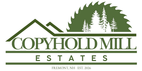 Logo for Copyhold Mill Estates, a green and white design with a saw blade and trees.