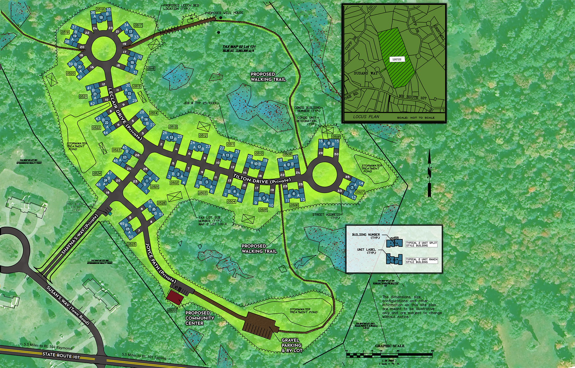 A map of a planned residential development with roads, houses, and green spaces, including a small inset map.