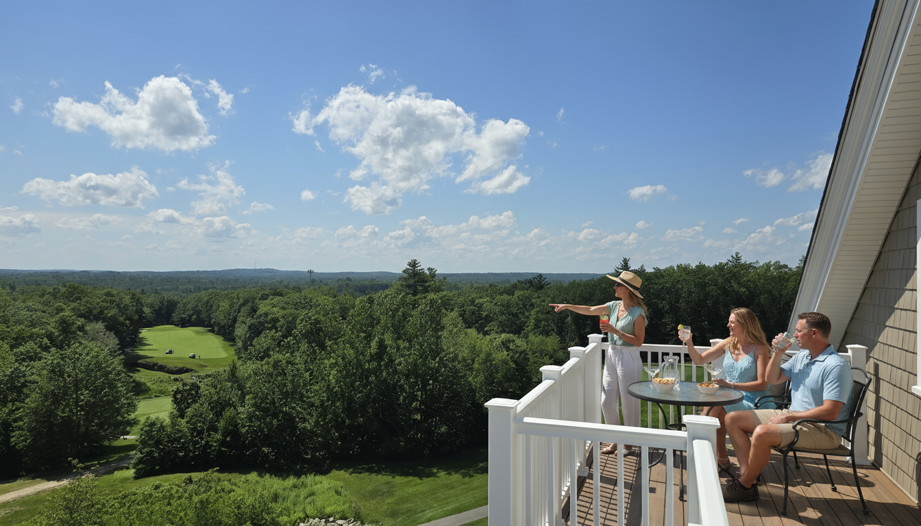 People on a balcony overlooking green trees and a golf course on a sunny day.