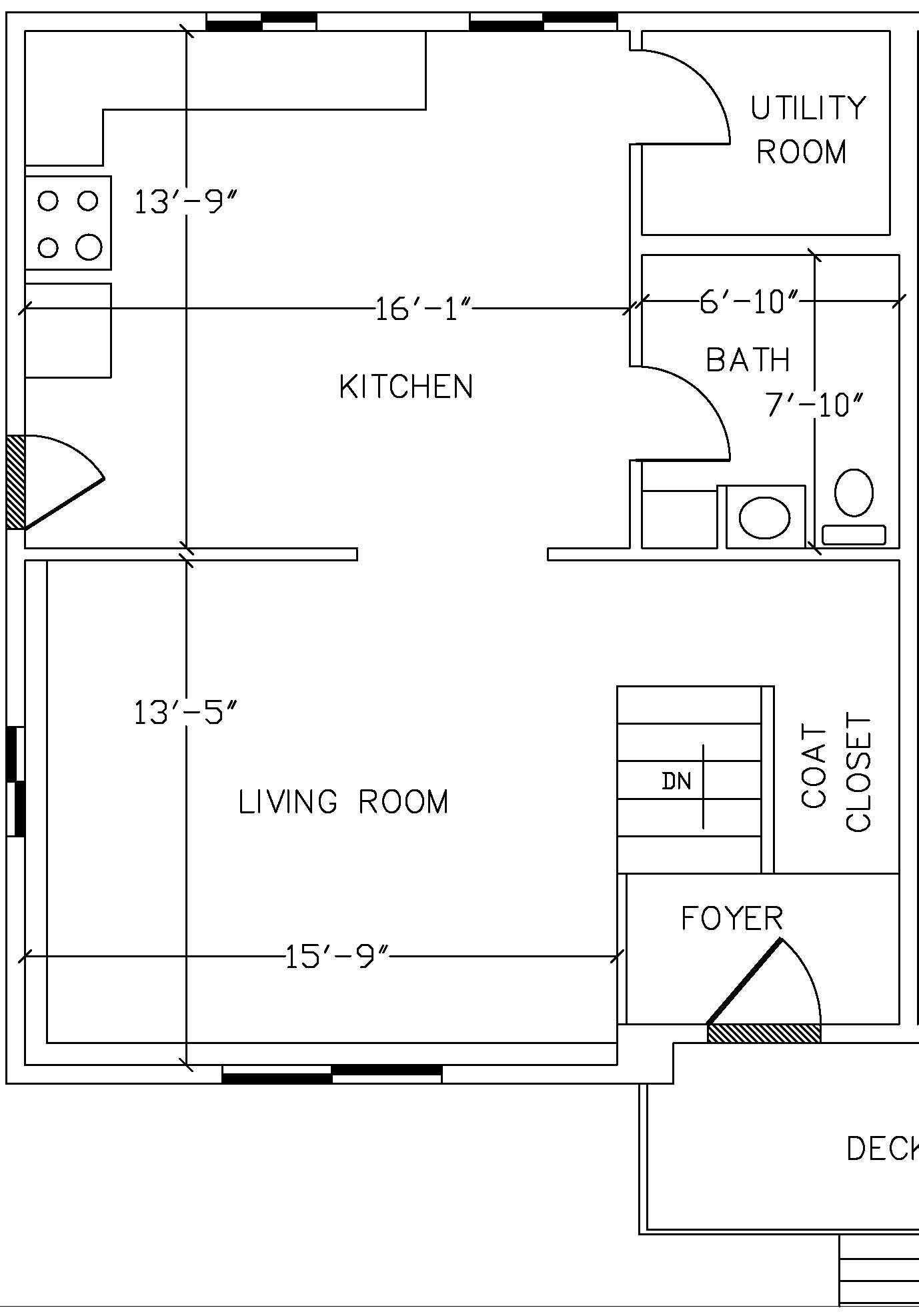 A floor plan of a house with a living room , kitchen , and utility room.