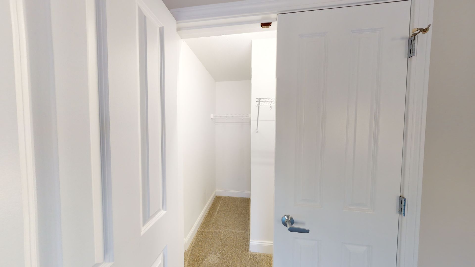 A hallway with a white door and a closet.
