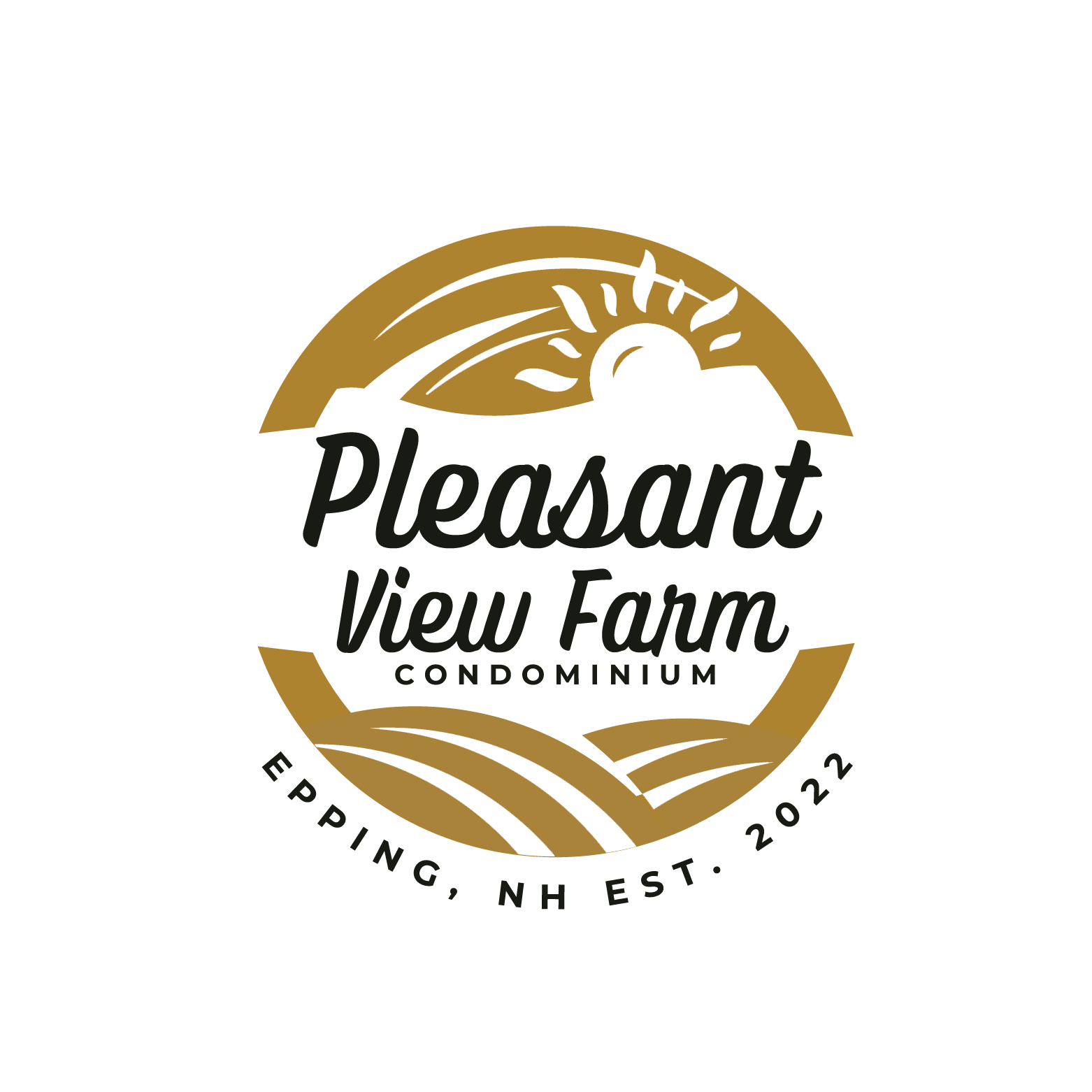 The logo for pleasant view farm condominium is a circle with a sun in the middle.