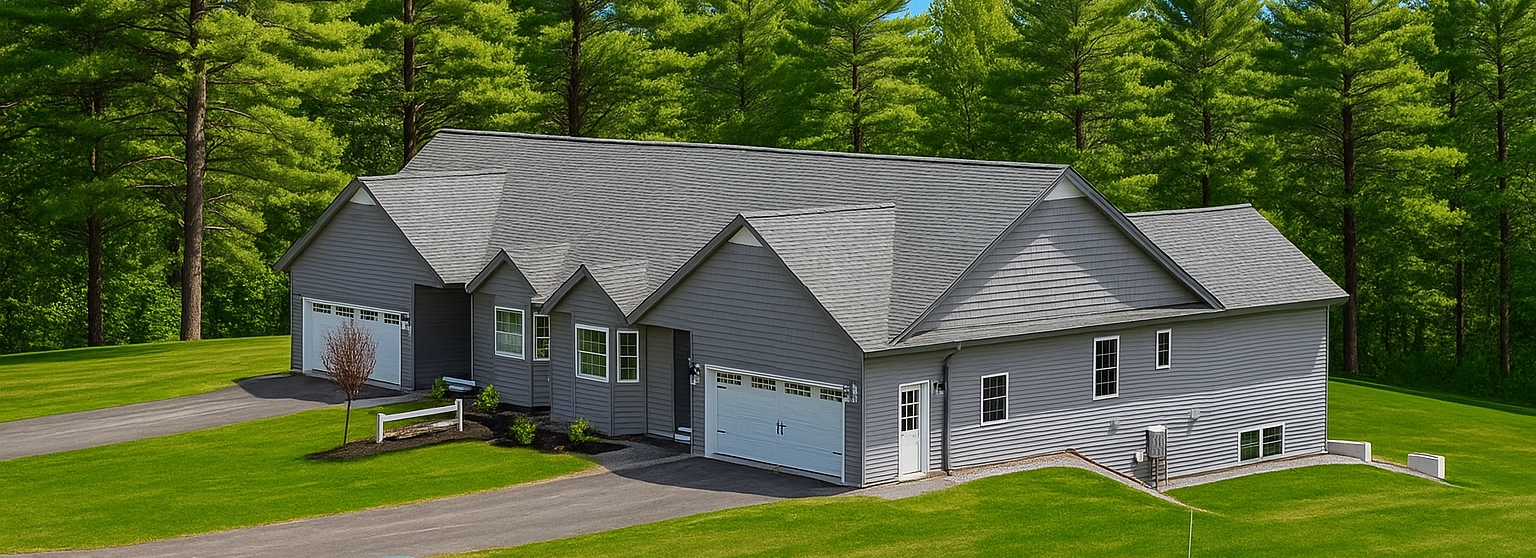 Rendering of a Gray 2-unit house with garage doors on a grassy lot, surrounded by pine trees under a blue sky.