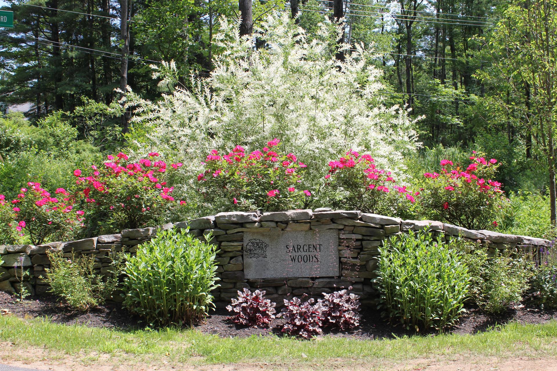 A stone wall surrounded by pink and white flowers and bushes.