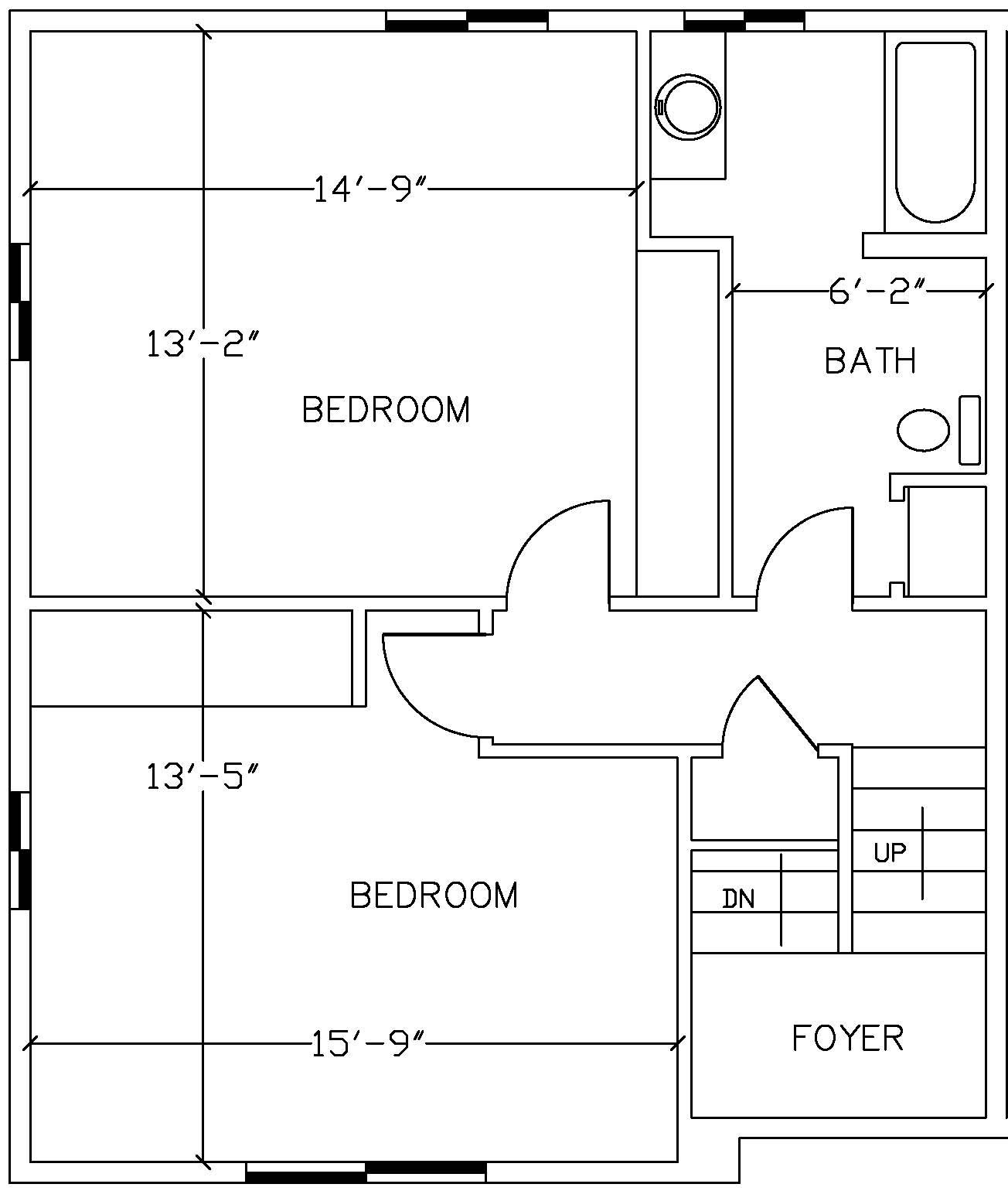 A black and white floor plan of a bedroom and bathroom.