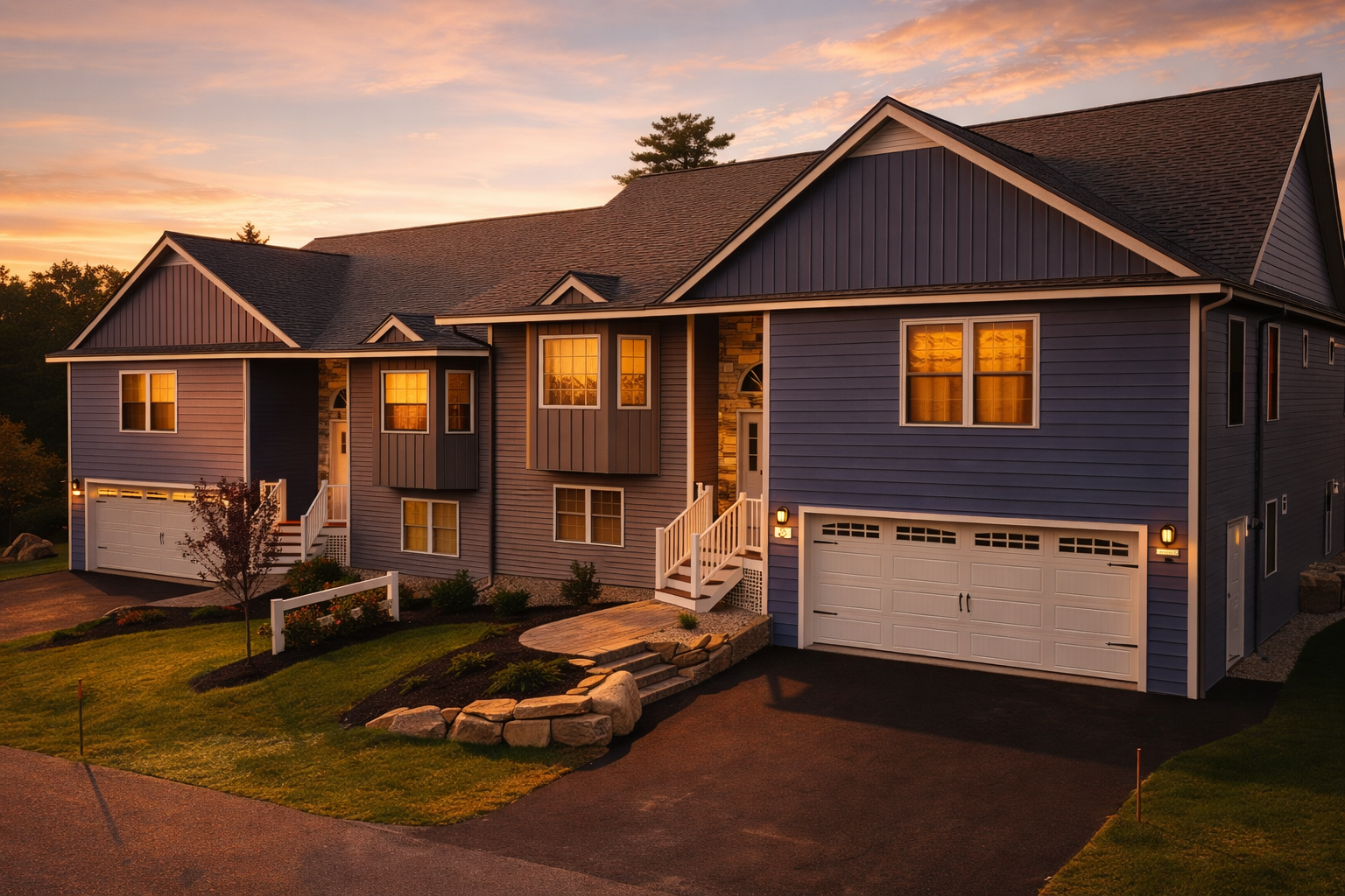 An aerial view of a residential neighborhood with a sunset in the background