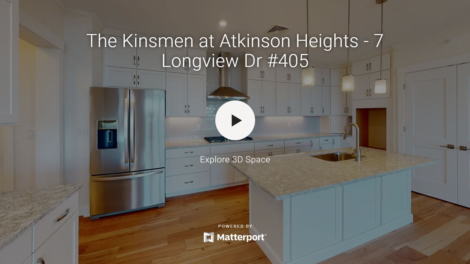 A 3d rendering of a kitchen with stainless steel appliances and white cabinets.