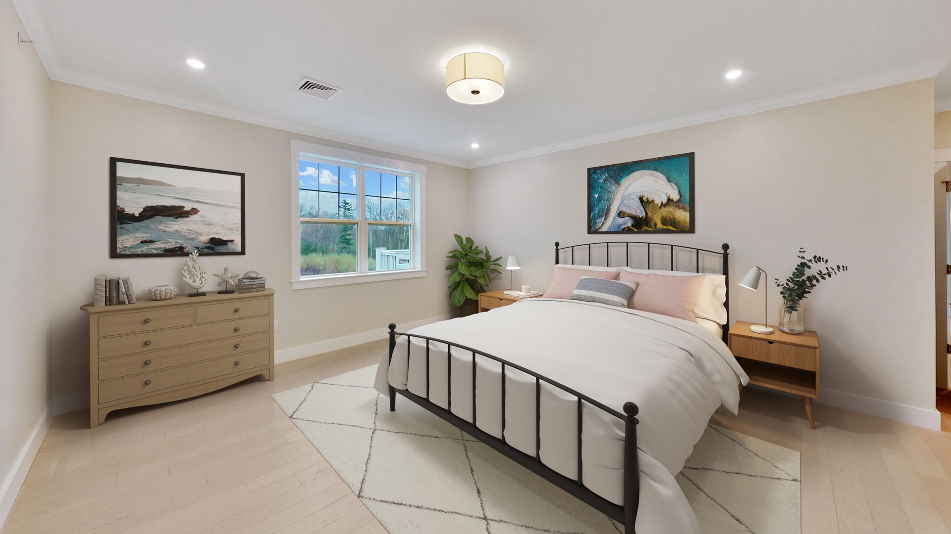 A bedroom with a bed , dresser , nightstand and two windows.