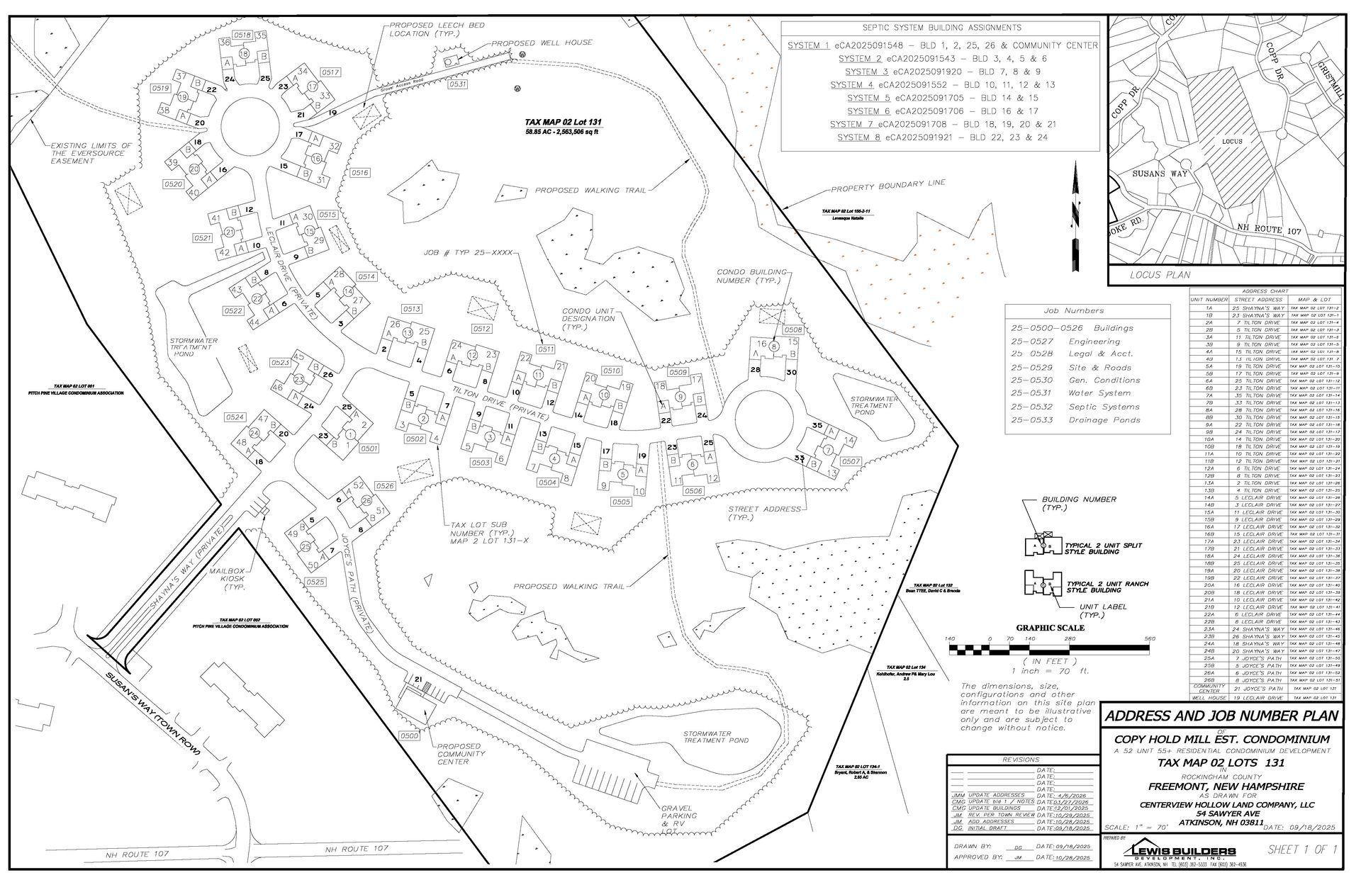 Detailed address and marketing plan of Copyhold Mill Estates Condominium. Shows buildings, roads, contours, and a key with symbols.