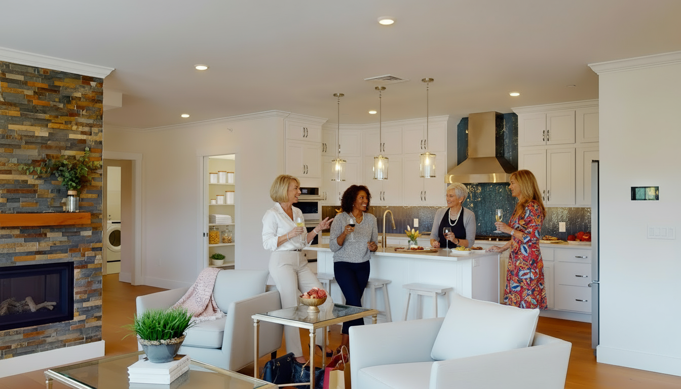 Four women in a bright kitchen and living room, clinking champagne glasses, smiling.