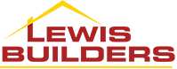 The logo for lewis builders shows a house with a yellow roof.