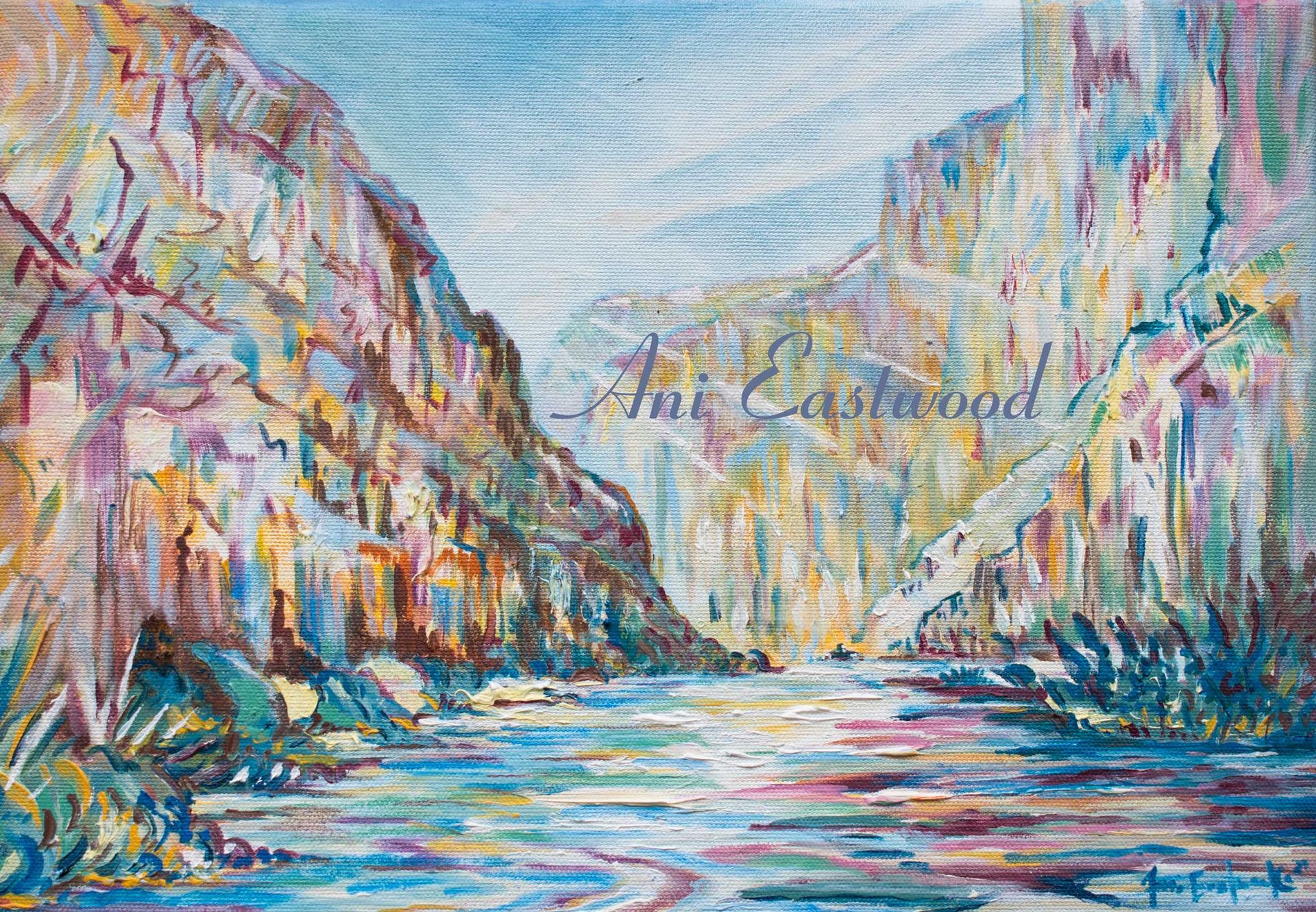 A colorful painting of a river with mountains in the background