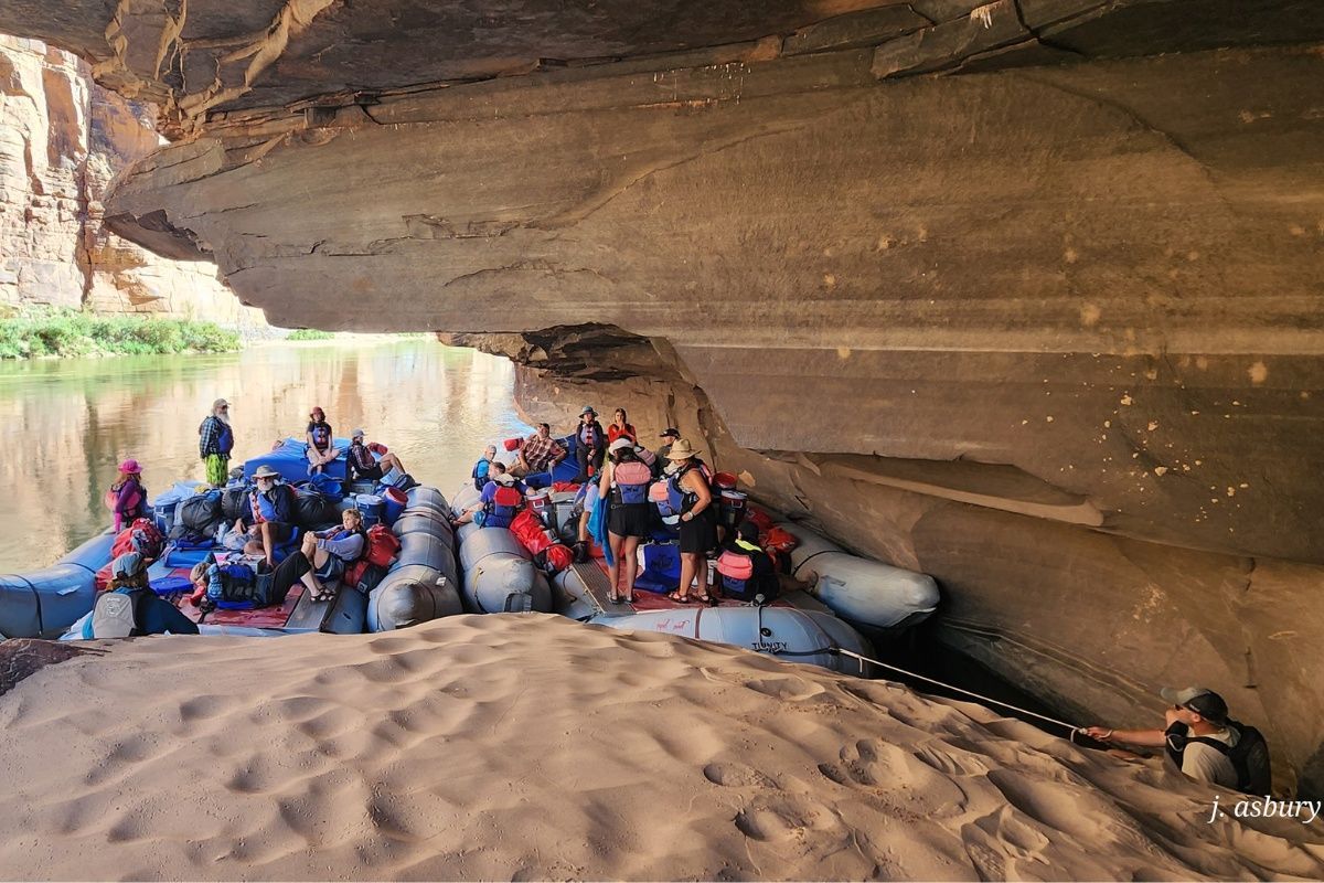 A group of people are riding rafts down a river.
