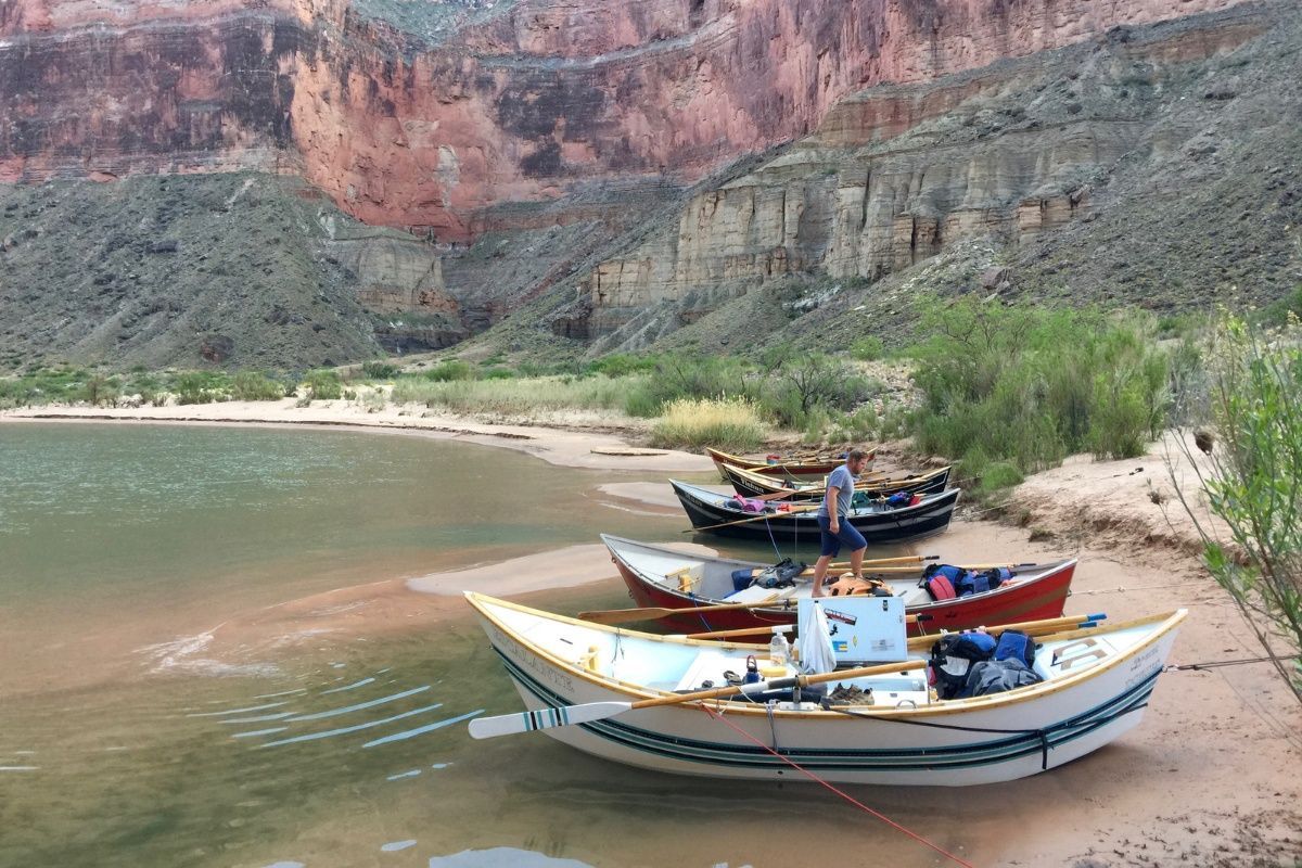 Three boats are tied to the shore of a lake