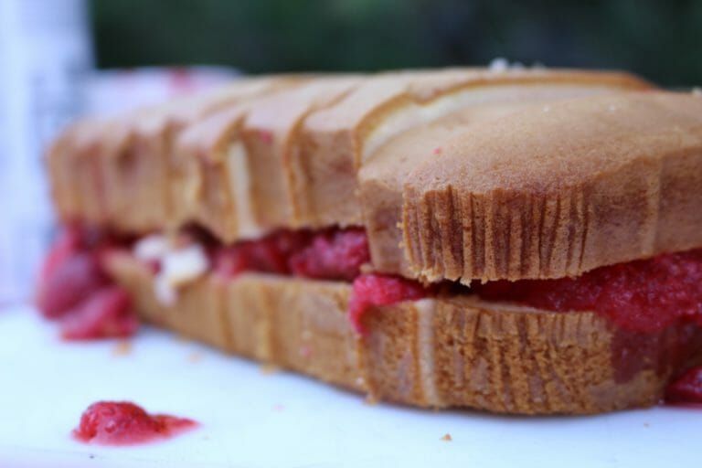 A close up of a sandwich with raspberries on it