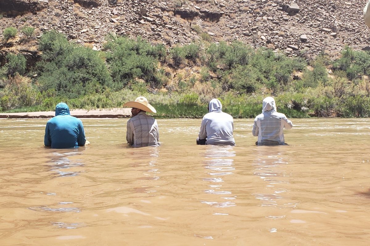 A group of people are sitting in the water.