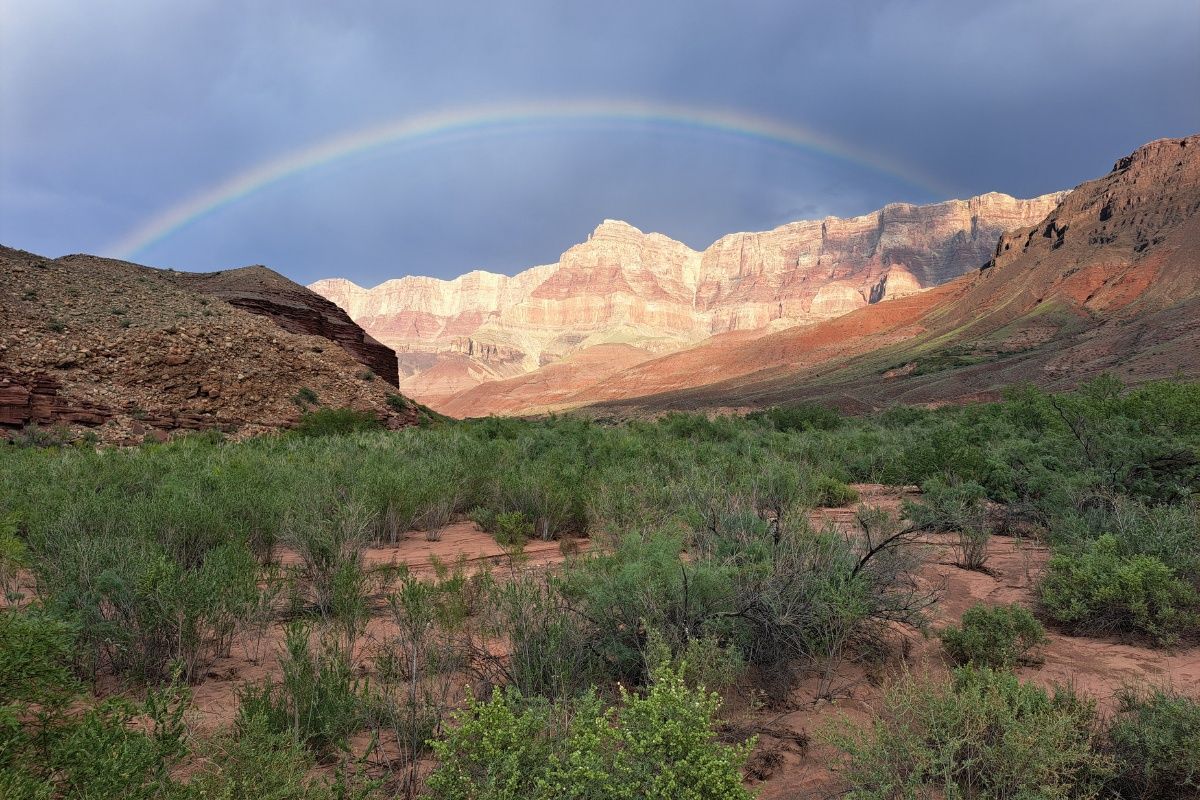 A rainbow is visible over a mountain in the desert.