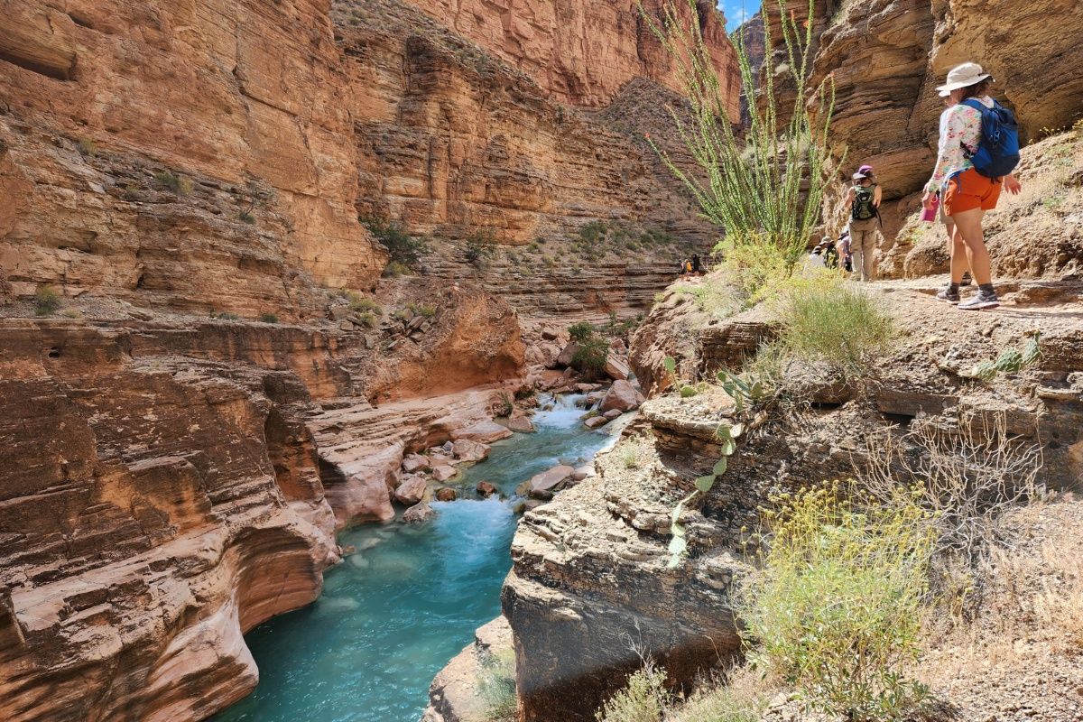 A group of people are walking down a trail next to a river.