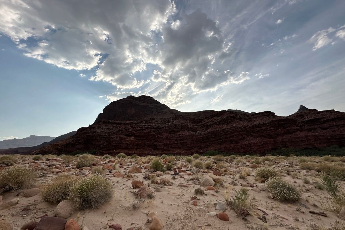 A desert landscape with a mountain in the background and a cloudy sky