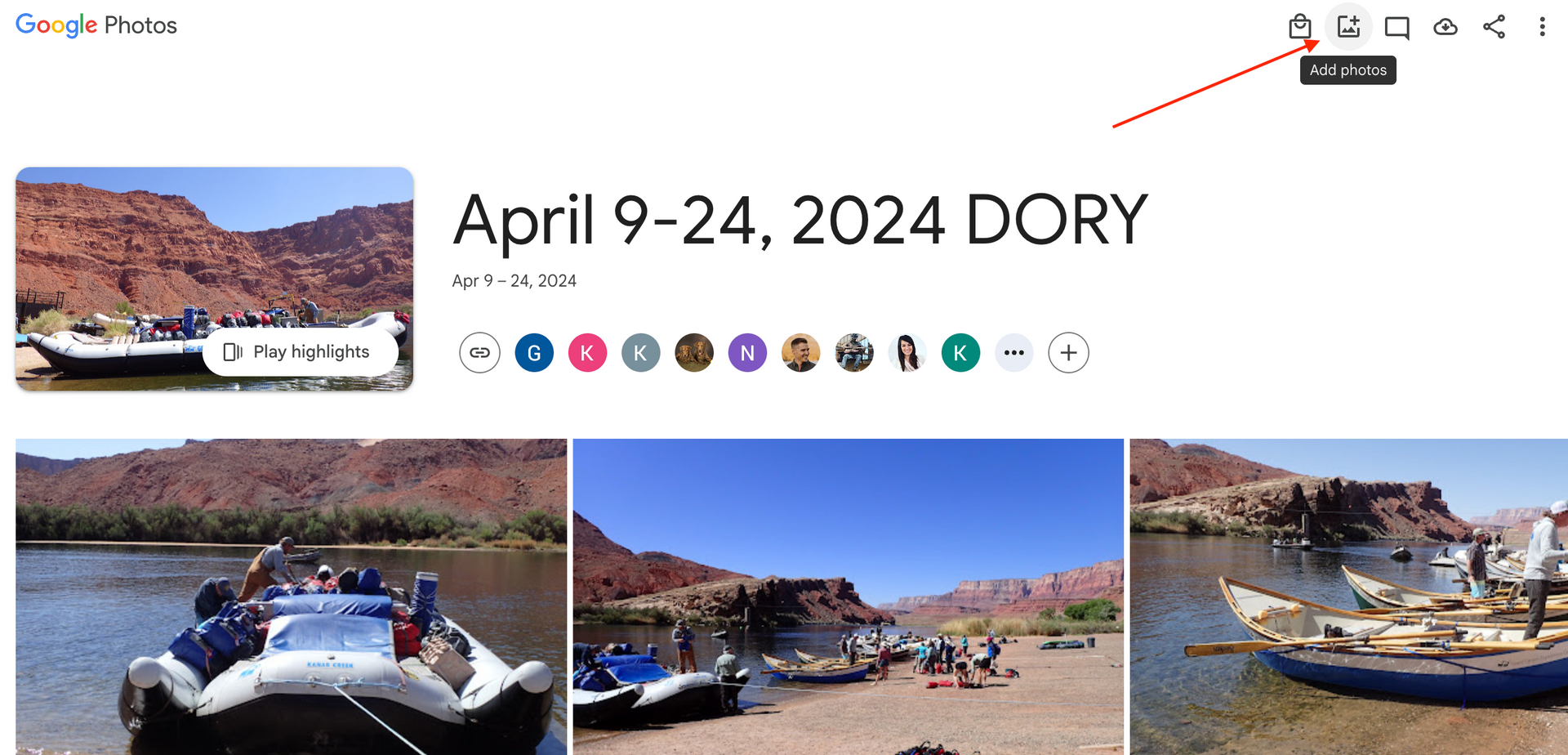 A screenshot of a Google photos website with an arrow pointing to the add photos button