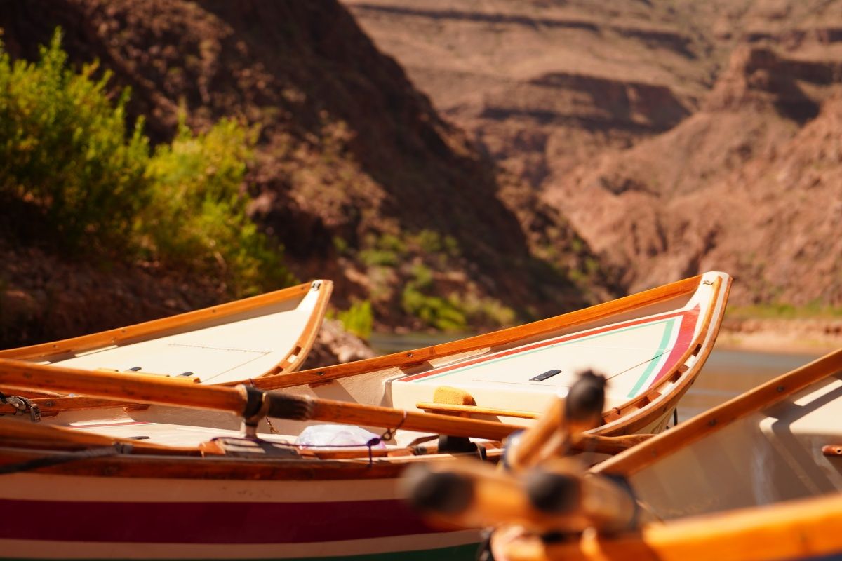 A row of boats are sitting on the shore of a river