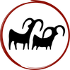 A silhouette of two goats with long horns in a red circle.