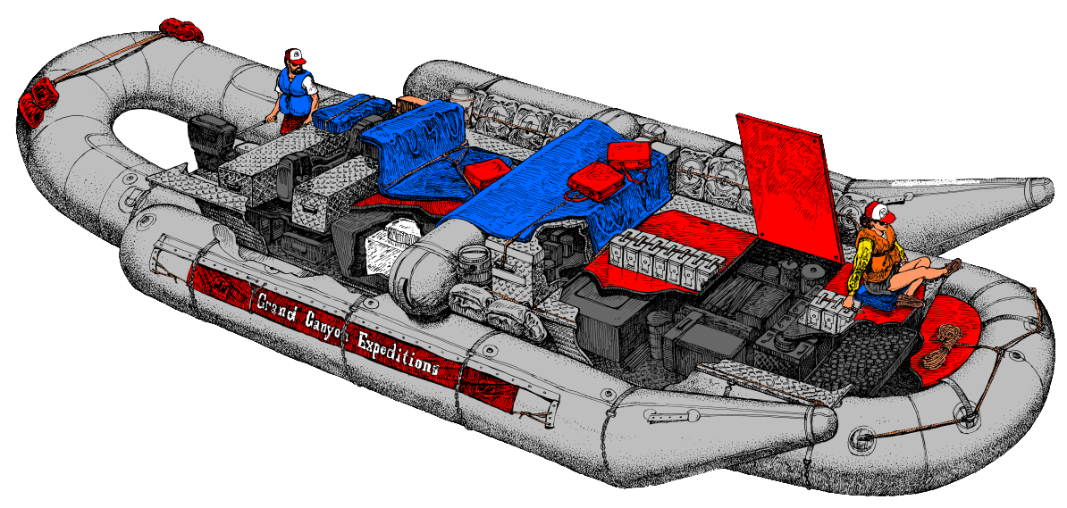 A drawing of a raft with a man sitting on it.