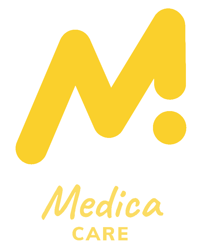 Logo of Medica Care: a dark blue stylized 
