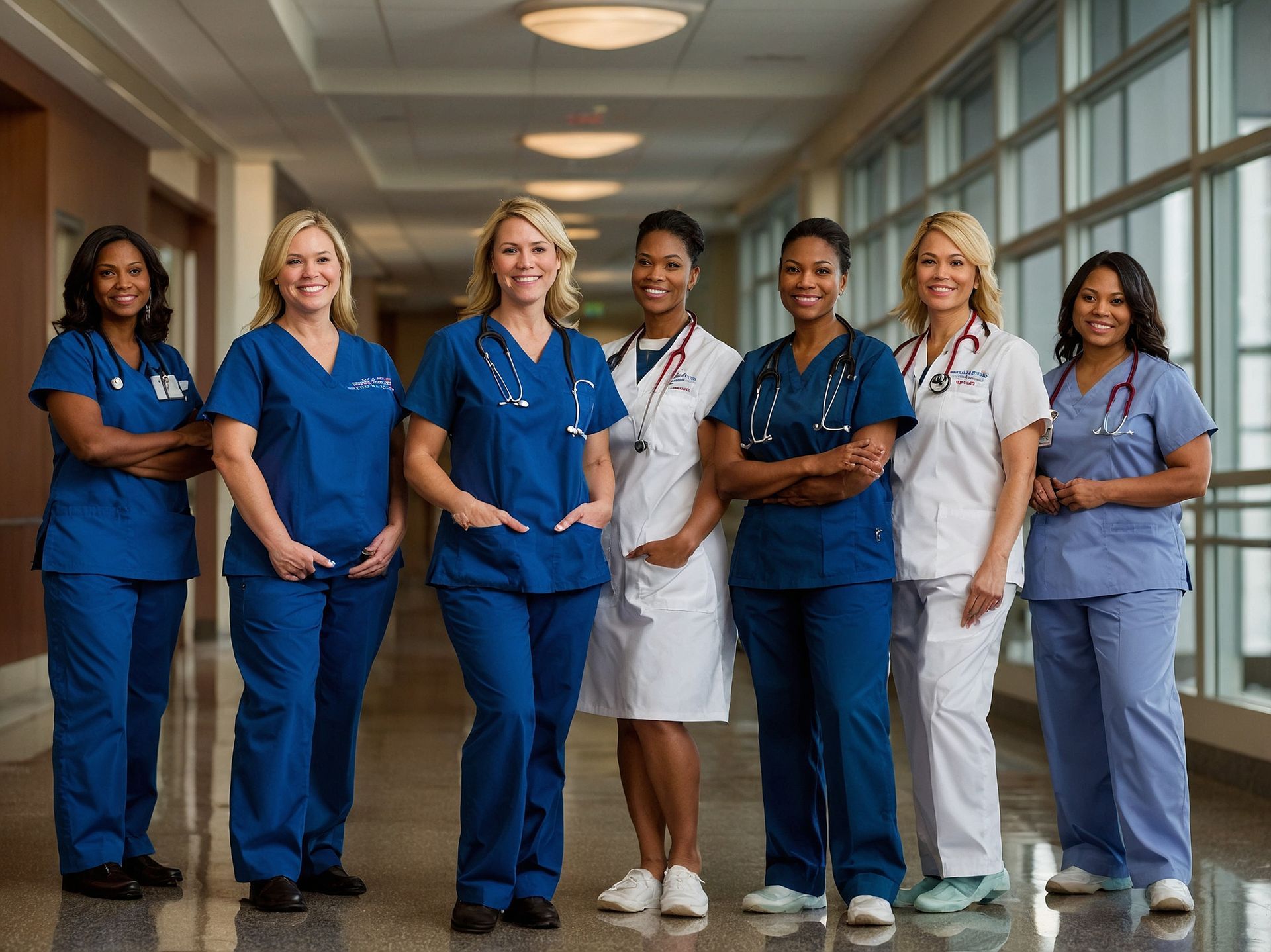 Seven diverse nurses in scrubs and lab coats, smiling, standing in a well-lit hospital corridor.