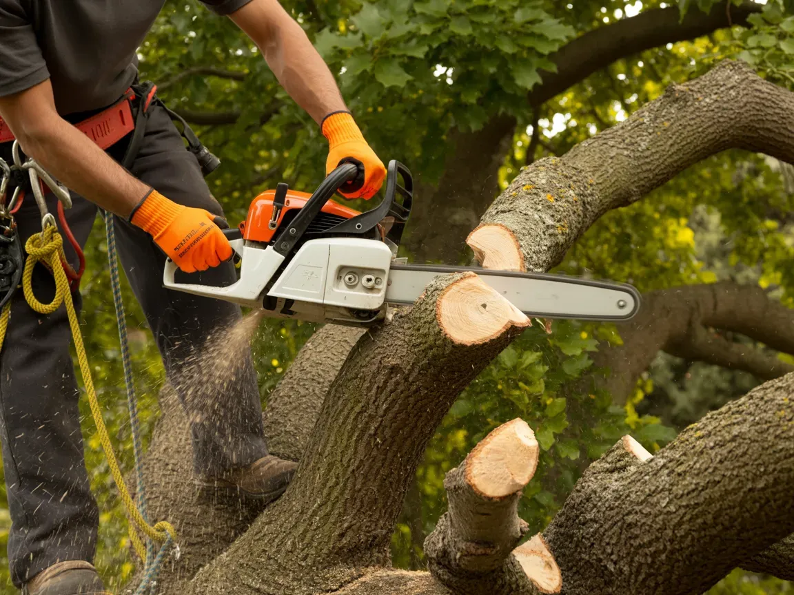 Arborist in orange gloves uses a chainsaw to cut a tree branch.