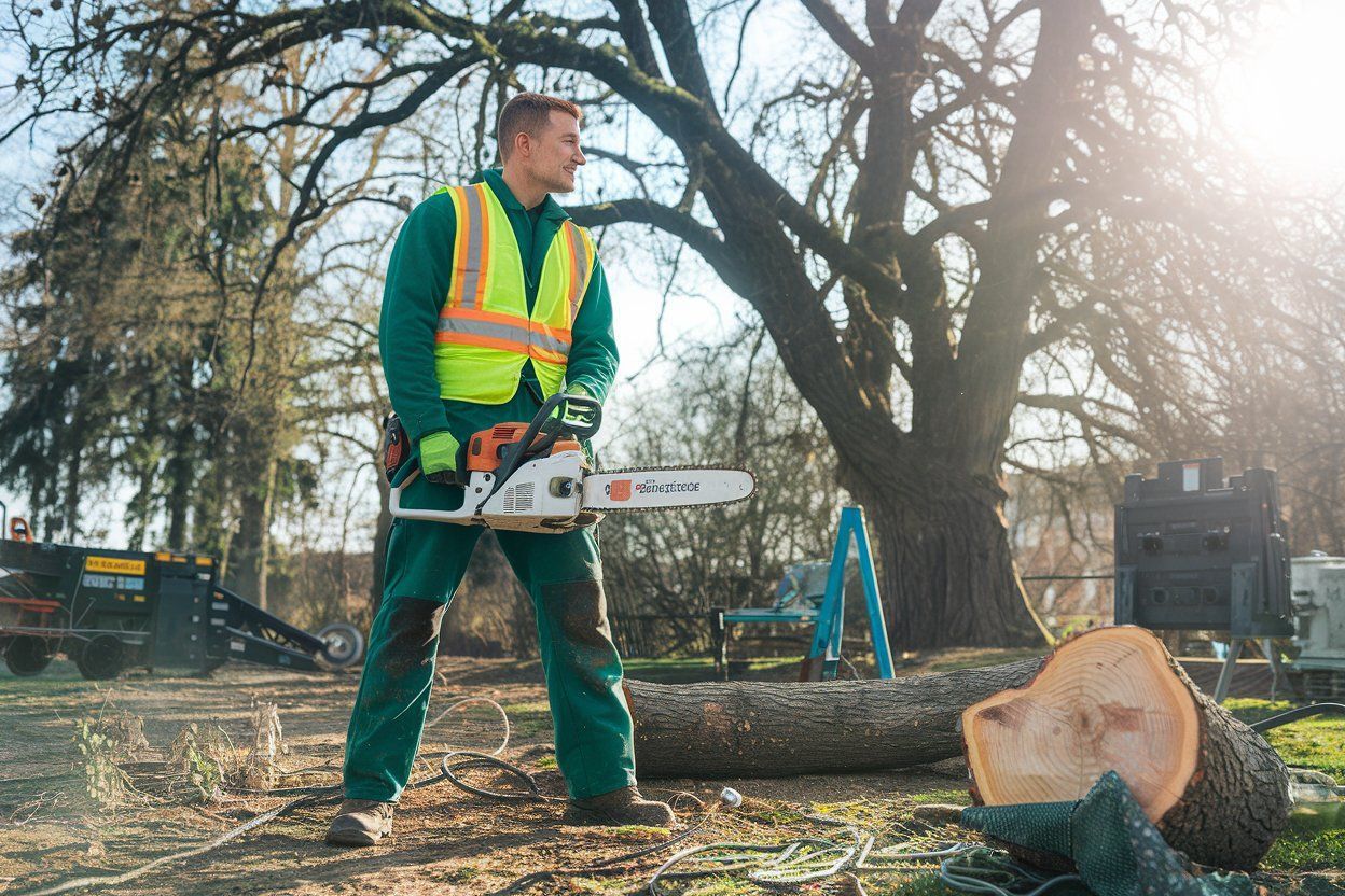 A man is cutting a tree with a chainsaw.