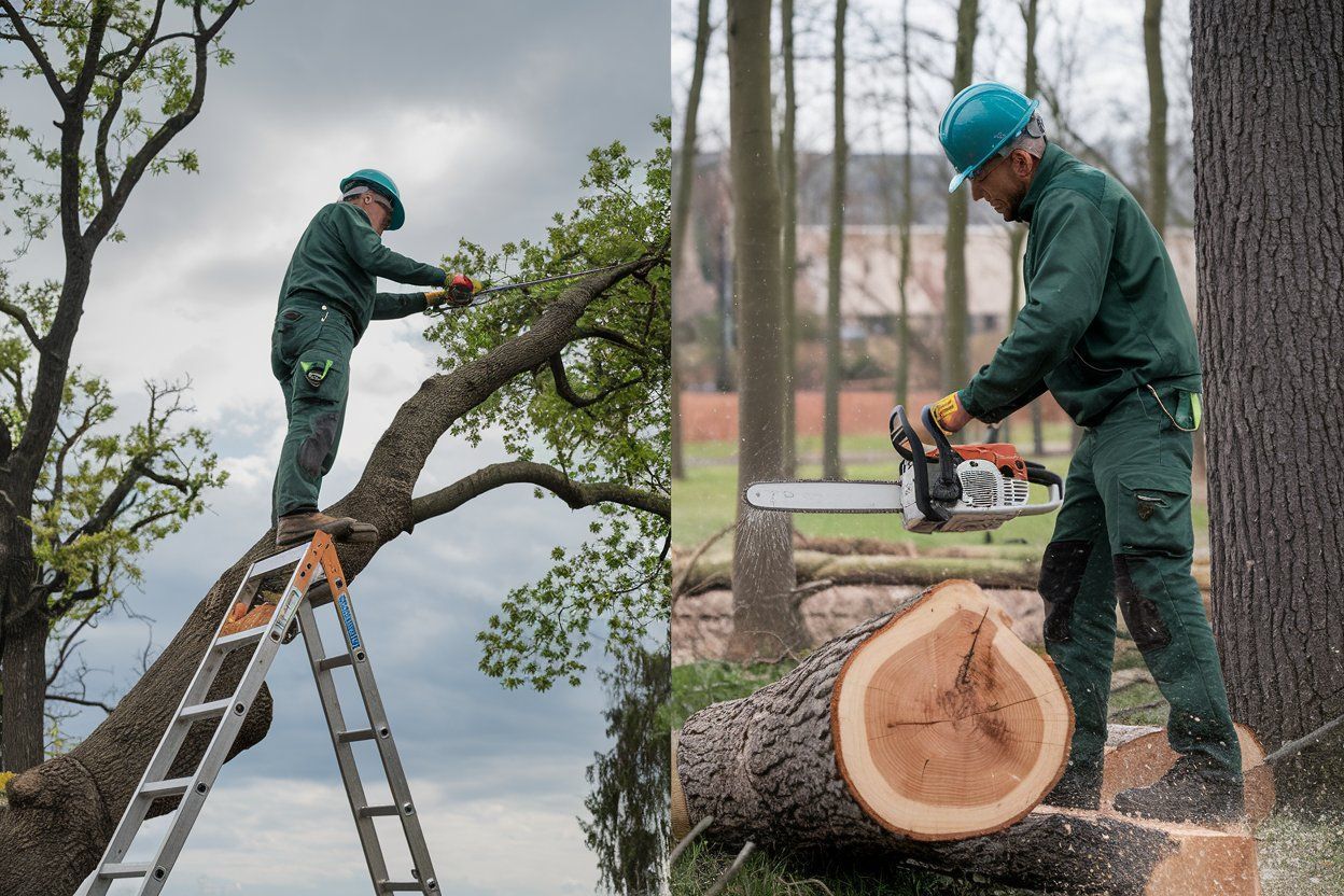 a man is using a chainsaw to cut a tree