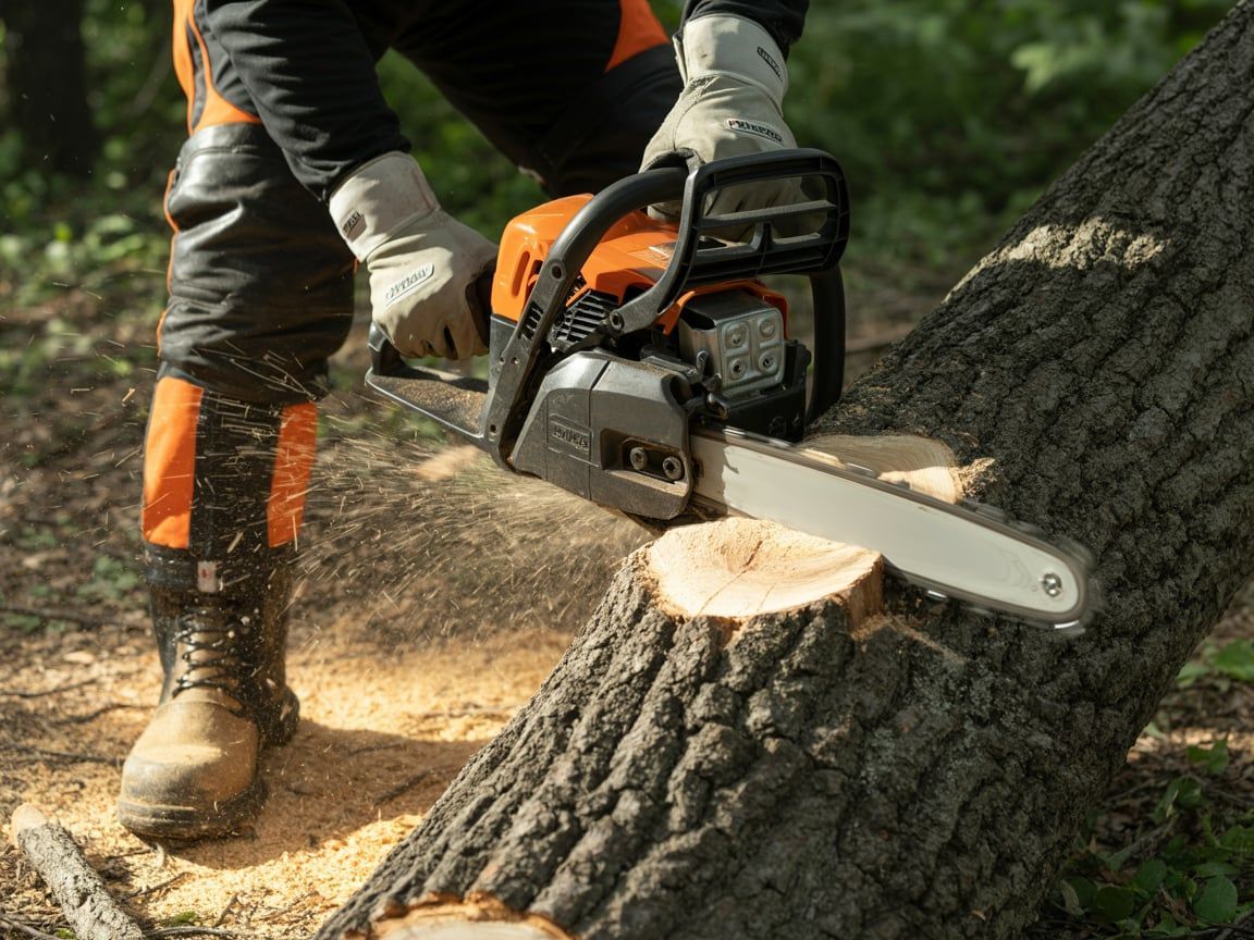 Person using an orange and black chainsaw to cut a tree trunk outdoors.