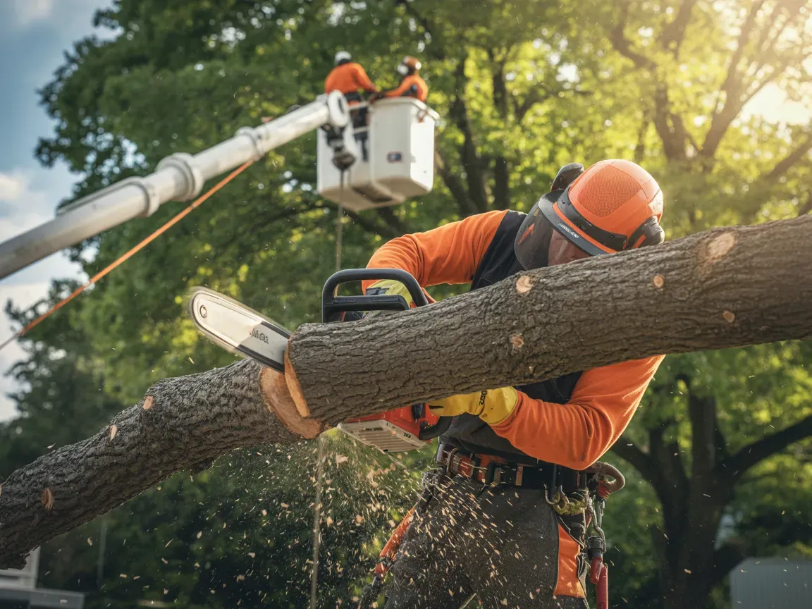 Arborist using a chainsaw to cut a tree branch, another in lift. Orange safety gear. Outdoors.