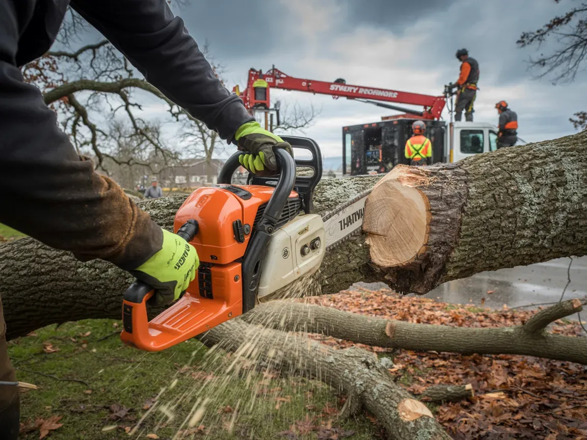 Man using chainsaw to cut a large tree trunk; tree crew in background with truck and lift.
