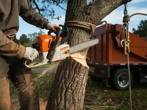 A person using a chainsaw to cut a tree trunk; a rope is attached, and a truck is visible.