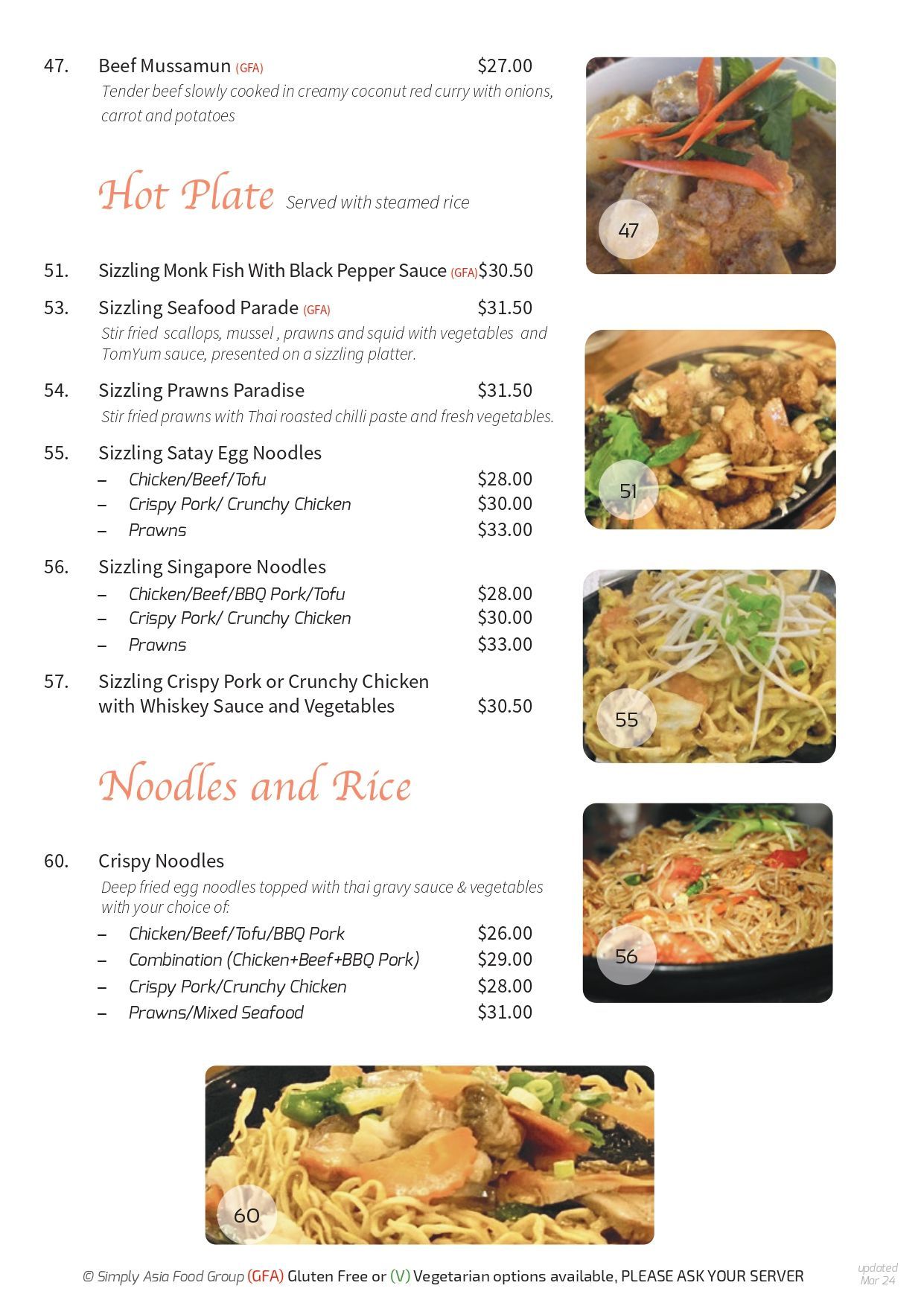 A menu for a restaurant with noodles and rice on it.