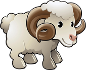 A cartoon ram with brown horns is standing on a white background