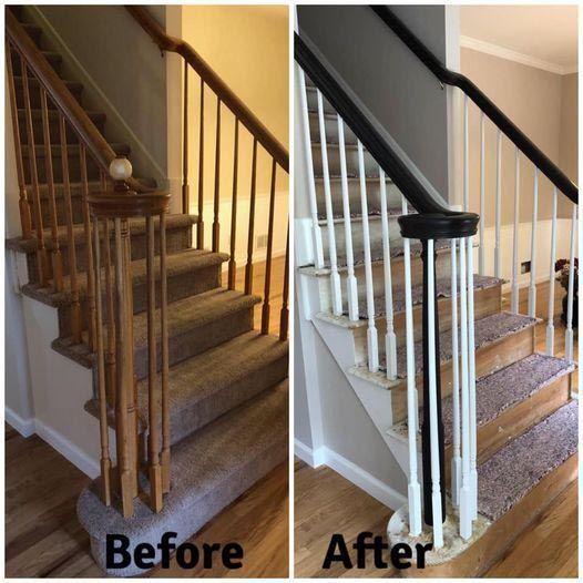 A before and after picture of a painted staircase