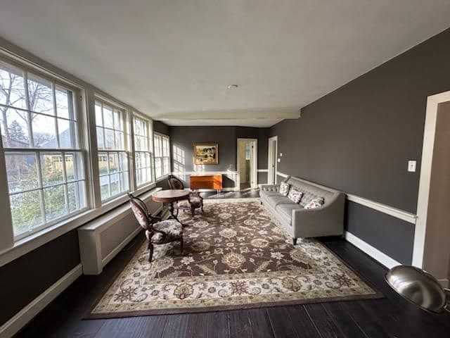 A living room with a couch and chairs and a rug