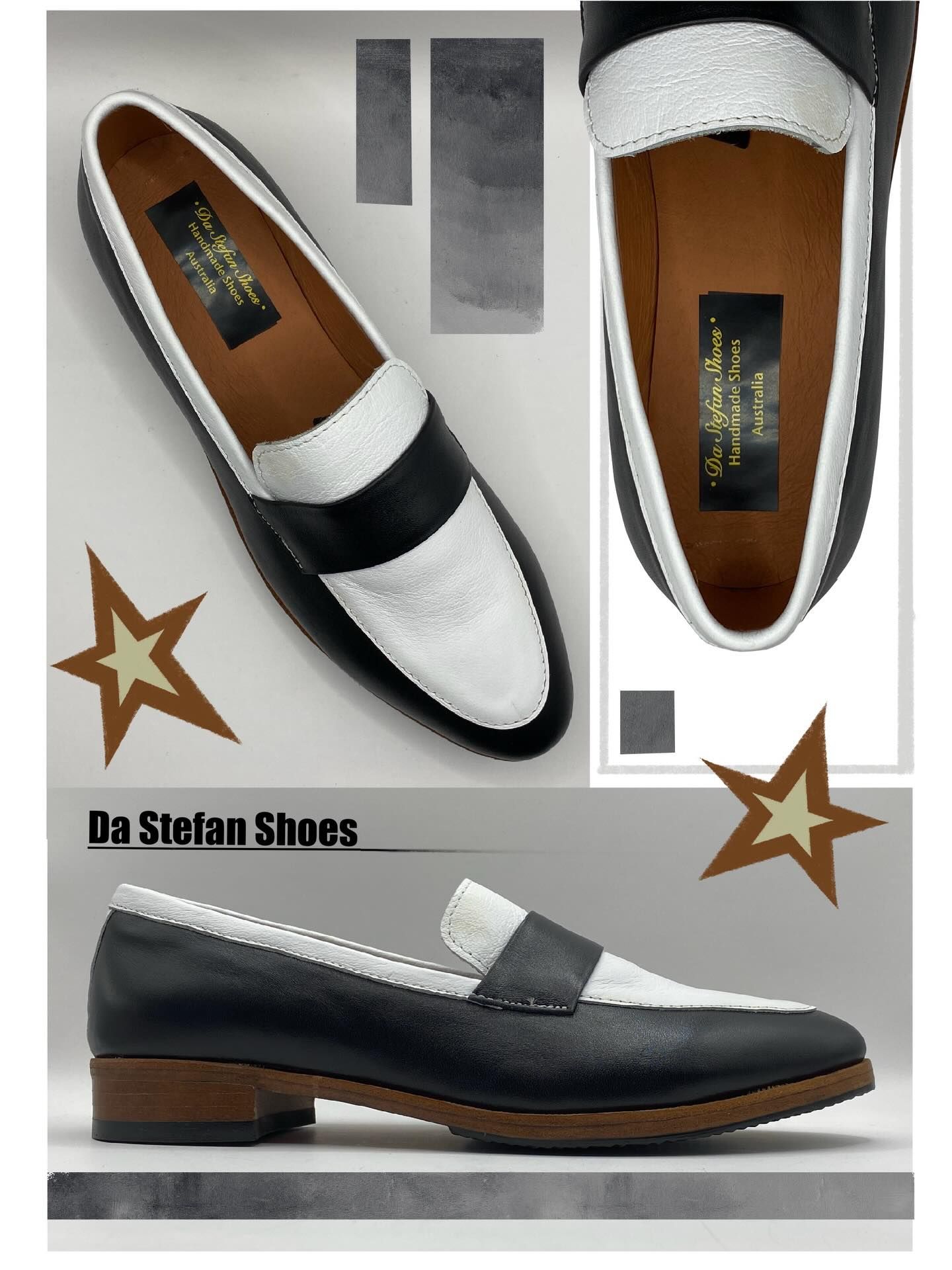 Black and white loafer shoes. 