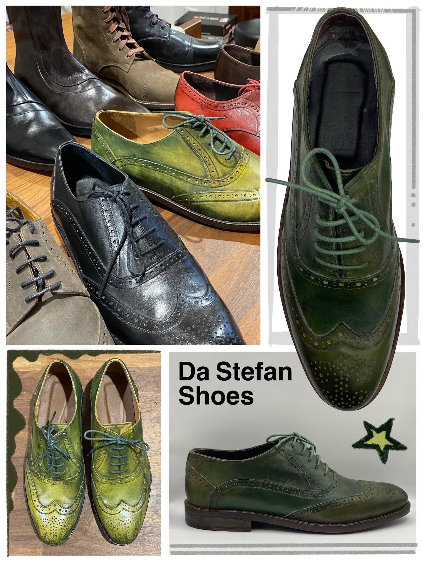 Collage of Da Stefan Shoes: diverse leather dress shoes in shades of green, black, and brown.
