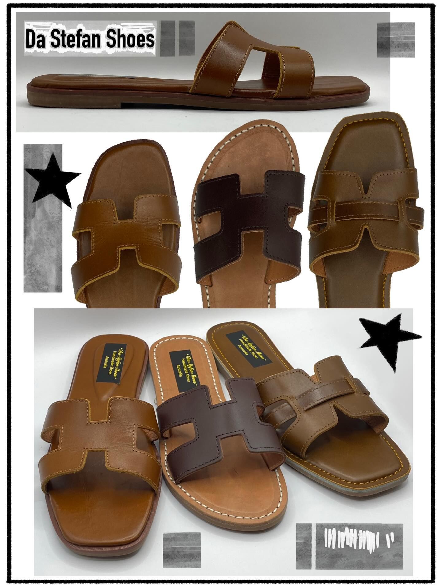 Brown leather sandals arranged in a collage; various styles shown.