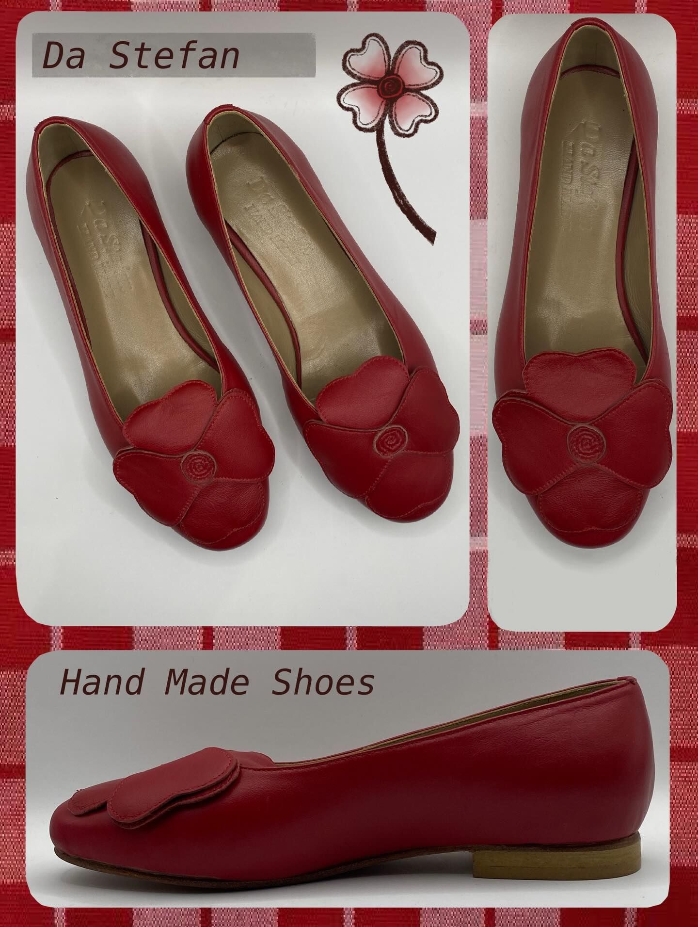 Red handmade leather flats with a flower design by Da Stefan.