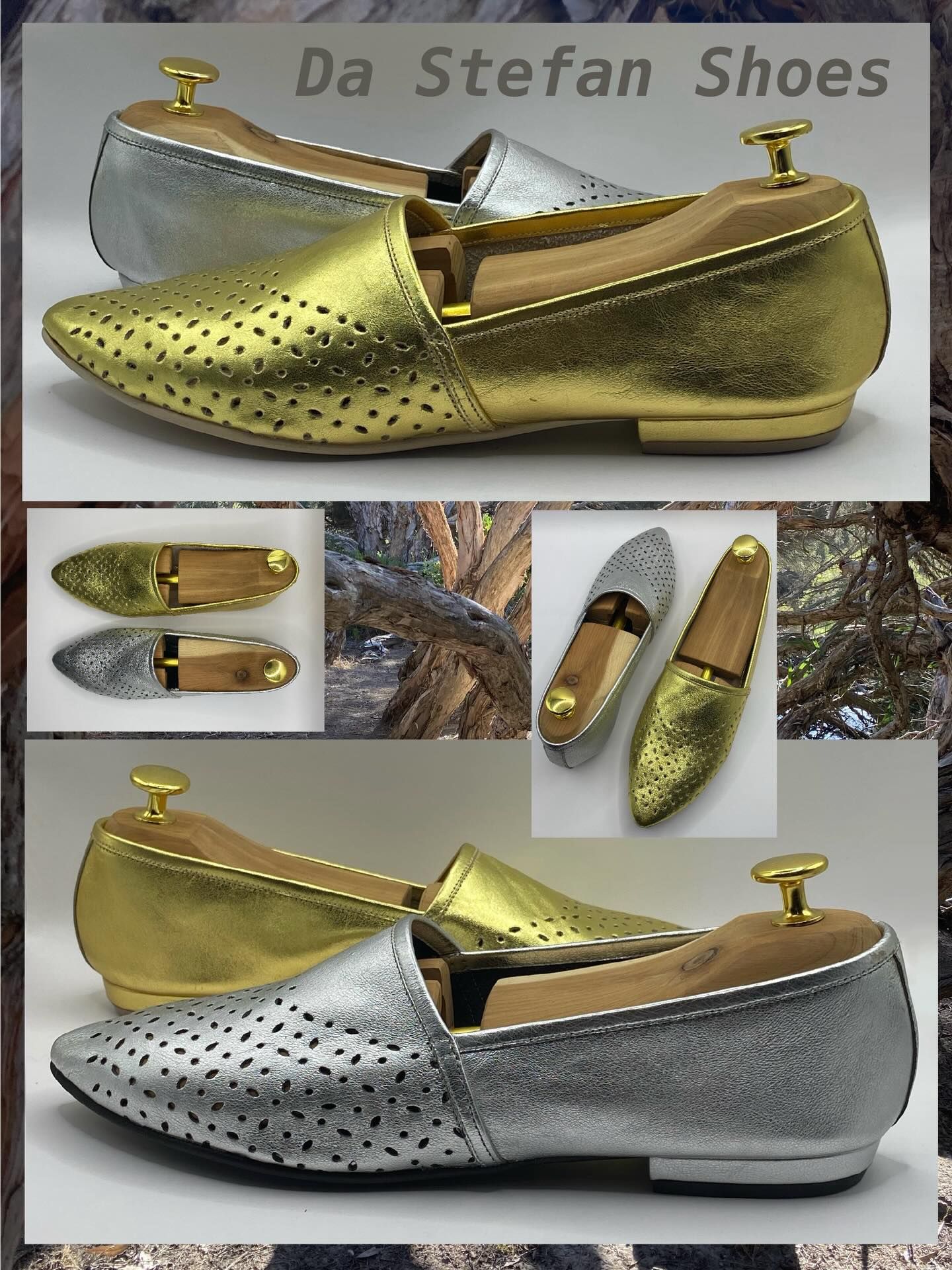 Gold and silver leather loafers from Da Stefan Shoes, with wooden shoe forms.